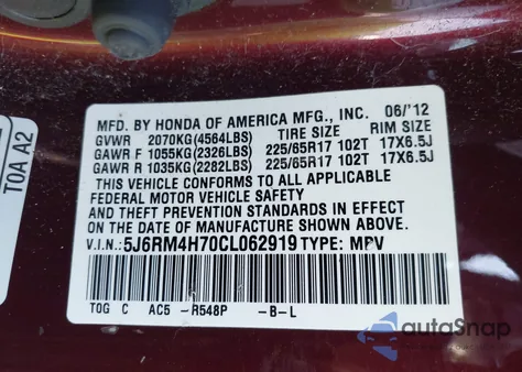 2012 Honda Cr-V Ex-L from USA, damaged, VIN 5J6RM4H70CL062919